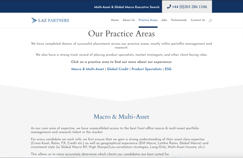 Practice Areas page on Laz Partners' new website